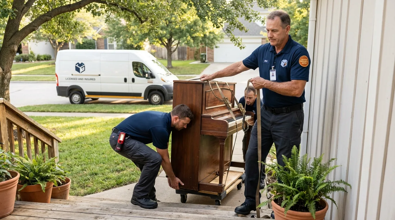 Licensed piano movers securing grand piano in Eyota, MN