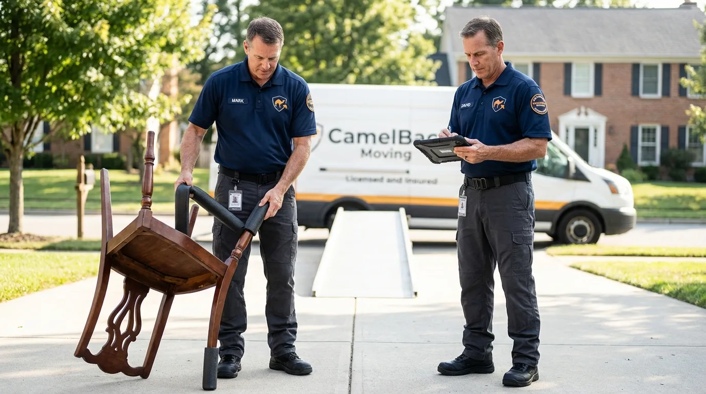 Movers inspecting furniture for damage prevention before loading in Eyota, MN