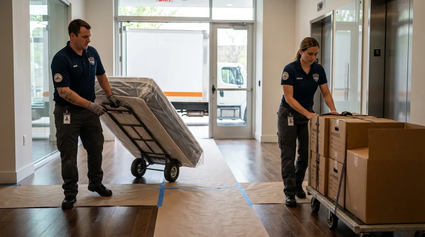 Professional apartment movers loading elevator in Eyota, MN